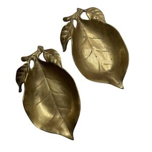 Vintage Pair of  Solid Brass Leaf Trays ‎ MCM Home Decor  9" Long